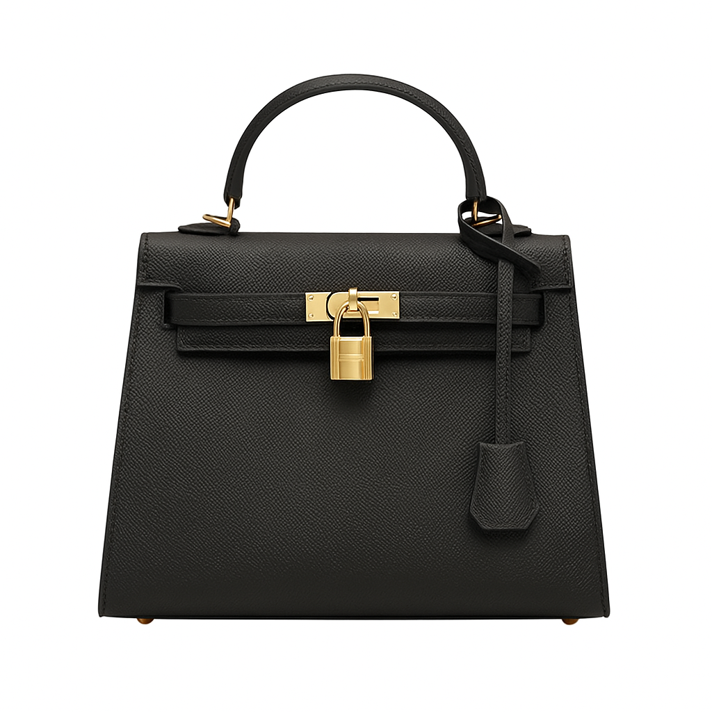 Black handbag with gold hardware on a white background